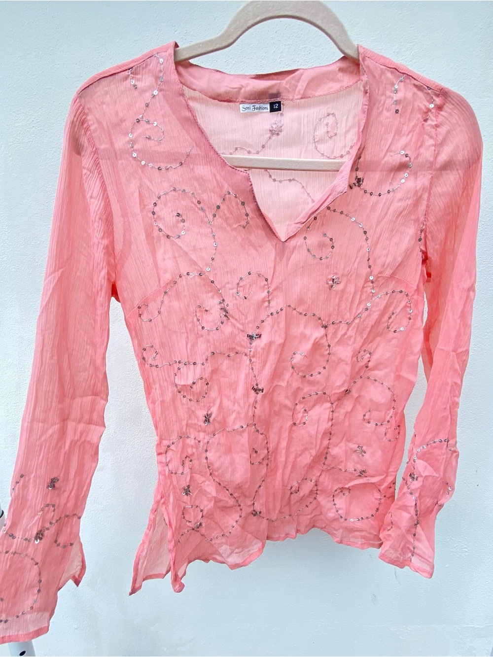 Y2K Sheer Pink & Silver Sequin Blouse Size 12 Large